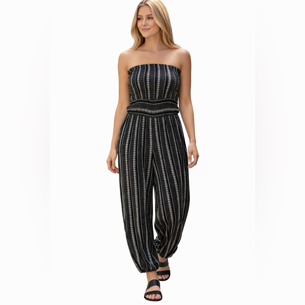 Lulus Strapless Black Print Jumpsuit Small Boho Smocked Wide Leg